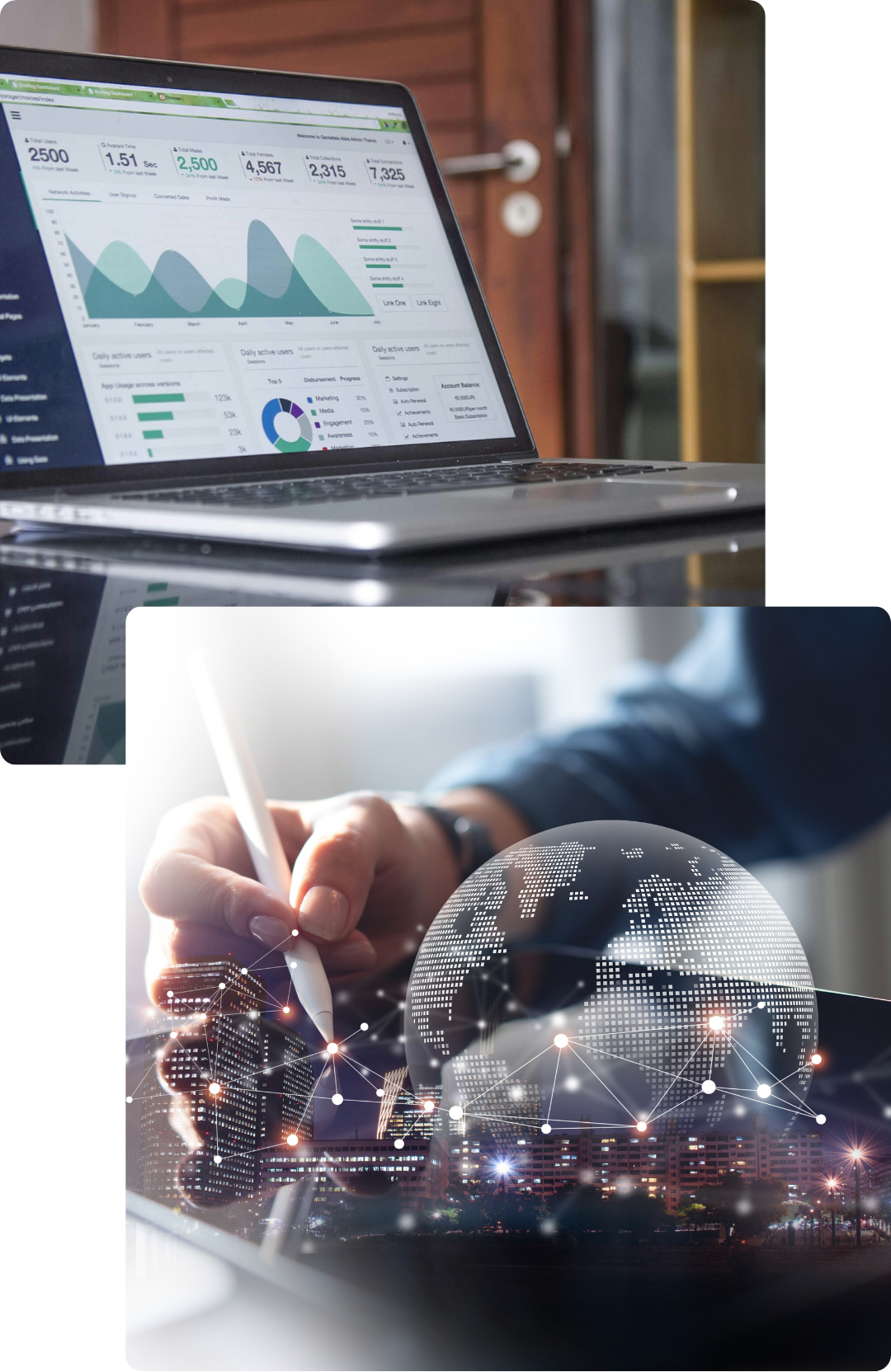 A graph showing the following data. A hand holding a stylus pen over a tablet screen with a globe and cityscapes on it
