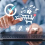 Online digital marketing concept. Investment E-commerce sale concept Online digital marketing concept. Investment E-commerce sale concept. Business man use mobile phone, market channel solution. Promotion discount service plan, search engine, social media, website SEO